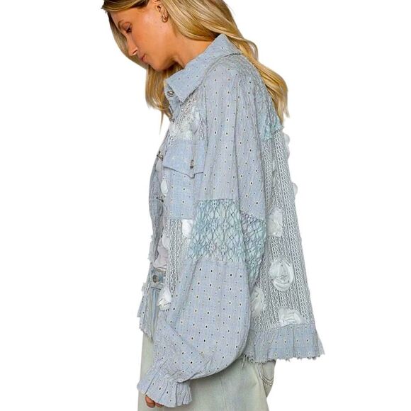 Pol Anthropologie LEAH Blue Eyelet Lace Pearl Flower Embellished Jacket - Picture 4 of 16